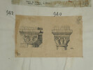 Chapiteaux jumel&eacute;s de l'ancien clo&icirc;tre de Saint-R&eacute;my &agrave; Reims, Chapiteau normand dit &agrave; godrons, Chapiteau &eacute;pannel&eacute; et sculpt&eacute; — Dessin original sign&eacute;. ...