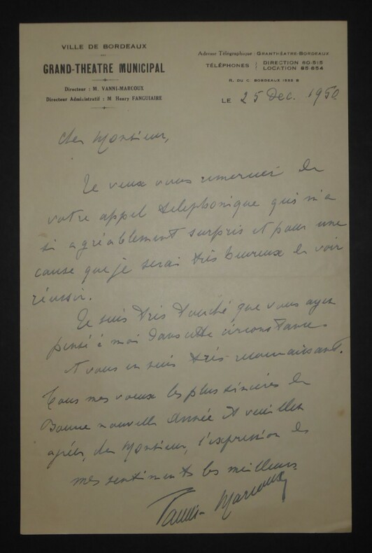 VANNY MARCOUX Giovanni LETTRE AUTOGRAPHE SIGN&Eacute;E, GRAND TH&Eacute;&Acirc;TRE BORDEAUX 1950. Giovanni Vanni Marcoux