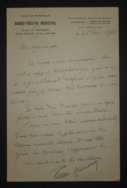 VANNY MARCOUX Giovanni LETTRE AUTOGRAPHE SIGN&Eacute;E, GRAND TH&Eacute;&Acirc;TRE BORDEAUX 1950. Giovanni Vanni Marcoux