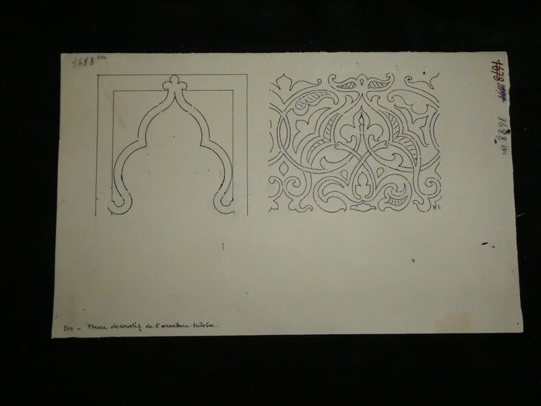 Le th&egrave;me de l'arcature trilob&eacute;e, variation — Dessin original sign&eacute;, r&eacute;alis&eacute; &agrave; l'encre vers 1930. Louis Henri Laffill&eacute;e