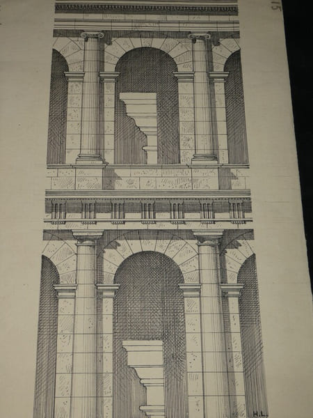 Arcades entre colonnes du Th&eacute;&acirc;tre de Marcellus &agrave; Rome — Dessin original sign&eacute;, encre vers 1930. Louis Henri Laffill&eacute;e