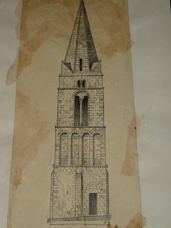 Clocher de l'&eacute;glise de Campigny - Dessin original sign&eacute;. Louis Henri Laffill&eacute;e