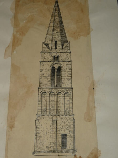 Clocher de l'&eacute;glise de Campigny - Dessin original sign&eacute;. Louis Henri Laffill&eacute;e