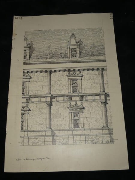 D&eacute;tail fa&ccedil;ade du ch&acirc;teau de Bournazel - Dessin original sign&eacute;. Louis Henri Laffill&eacute;e