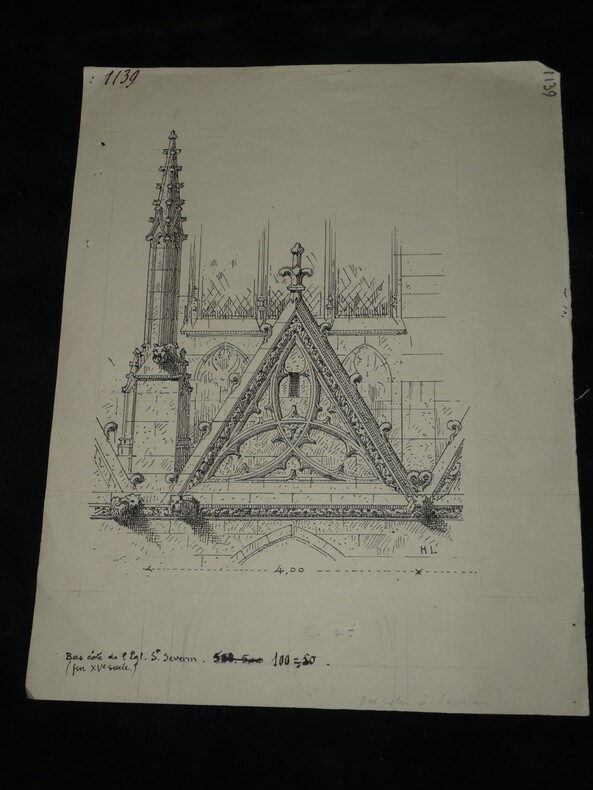 Couronnement du double bas c&ocirc;t&eacute; de l'&eacute;glise Saint-S&eacute;verin &agrave; Paris — Dessin original sign&eacute;, encre vers 1930. Louis Henri Laffill&eacute;e