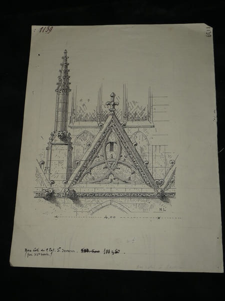 Couronnement du double bas c&ocirc;t&eacute; de l'&eacute;glise Saint-S&eacute;verin &agrave; Paris — Dessin original sign&eacute;, encre vers 1930. Louis Henri Laffill&eacute;e