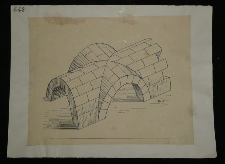 Repr&eacute;sentation sch&eacute;matique d'une voute d'ar&ecirc;te appareill&eacute;e normalement — Dessin original sign&eacute;. Louis Henri Laffill&eacute;e