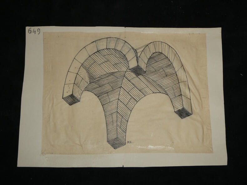 Vue perspective de l'intrados d'une voute d'ar&egrave;te - Dessin original sign&eacute;. Louis Henri Laffill&eacute;e