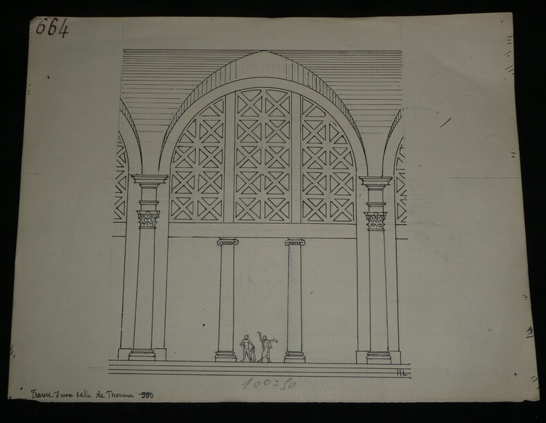 Trav&eacute;e d'une salle de Thermes - Dessin original sign&eacute;. Louis Henri Laffill&eacute;e
