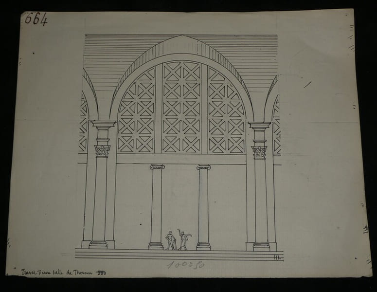 Trav&eacute;e d'une salle de Thermes - Dessin original sign&eacute;. Louis Henri Laffill&eacute;e