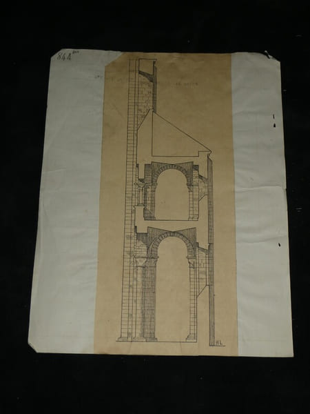 Trav&eacute;e de l'&eacute;glise de l'abbaye de Jumi&egrave;ges – &Eacute;l&eacute;vation et coupe (XIe si&egrave;cle) – Dessin original sign&eacute;. Louis Henri Laffill&eacute;e
