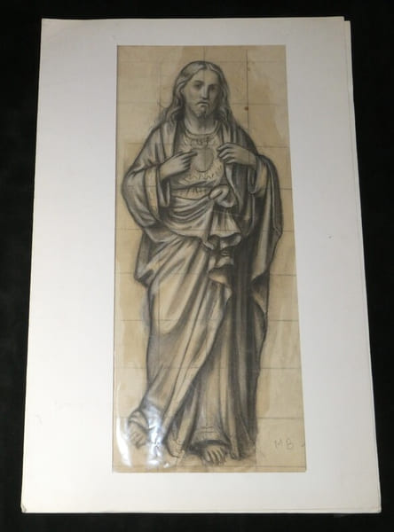 Dessin original pr&eacute;paratoire avec mise au carreau - Christ du Sacr&eacute;-Cœur - Art religieux XIXe/XXe. 
