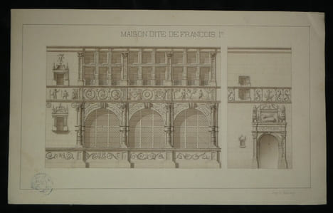 Dessin d'Architecture Original Lavis - Maison de François Ier - Guy de Rubercy XIXe. Guy de Rubercy