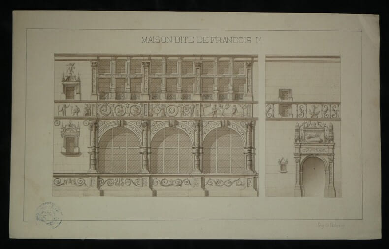 Dessin d'Architecture Original Lavis - Maison de Fran&ccedil;ois Ier - Guy de Rubercy XIXe. Guy de Rubercy