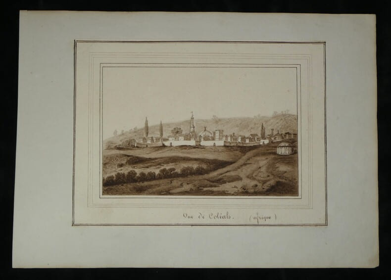 Dessin Original XIXe - Lavis S&eacute;pia - Vue de Col&eacute;ah (Alg&eacute;rie) - Orientalisme. 