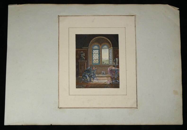Dessin Original Polychrome XIXe - Sc&egrave;ne M&eacute;di&eacute;vale - Chevalier aux Fleurs de Lys. 