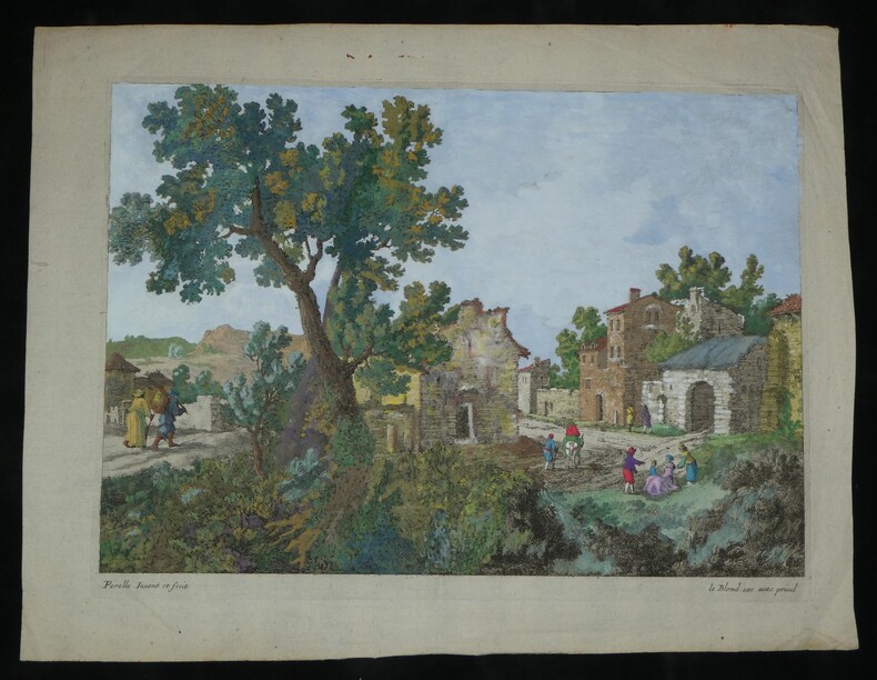 Gravure Ancienne XVIIe - Paysage Anim&eacute; - Gabriel Perelle - Rehauss&eacute;e &agrave; la main. Gabriel Perelle (1604-1677)