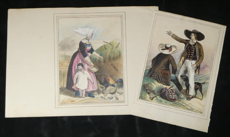 2 dessins Originaux XIXe - Costumes R&eacute;gionaux Folkloriques - Sc&egrave;nes Paysannes. 