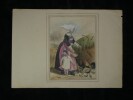 2 dessins Originaux XIXe - Costumes R&eacute;gionaux Folkloriques - Sc&egrave;nes Paysannes. 