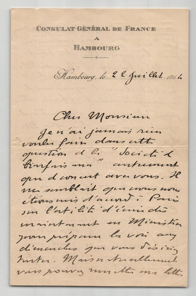 Paul Claudel - Consulat de France &agrave; Hambourg - Lettre autographe sign&eacute;e - 1914. Paul Claudel