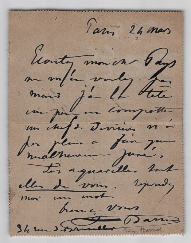 F&eacute;lix-Joseph Barrias - Carte-lettre autographe sign&eacute;e &agrave; F. Guesviller - 1884. F&eacute;lix-Joseph Barrias