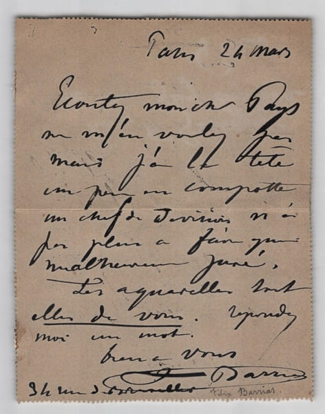 F&eacute;lix-Joseph Barrias - Carte-lettre autographe sign&eacute;e &agrave; F. Guesviller - 1884. F&eacute;lix-Joseph Barrias