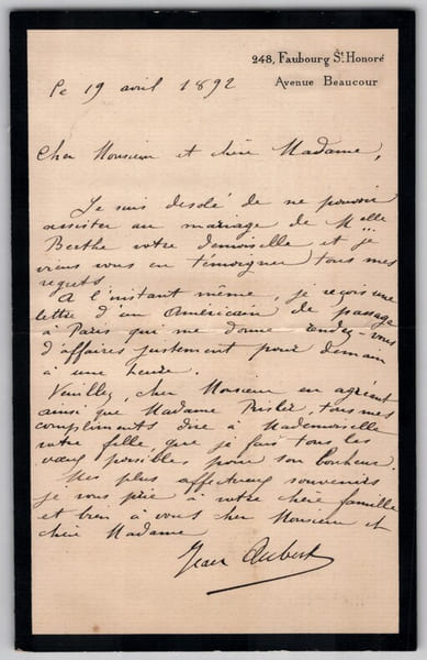 Jean Aubert - Lettre autographe sign&eacute;e aux Risler - 1892. Jean Aubert
