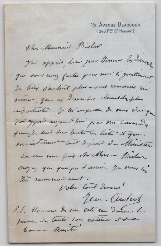 Jean Aubert - Lettre autographe sign&eacute;e &agrave; Risler - Mention de J. Henner - XIX&egrave;me. Jean Aubert