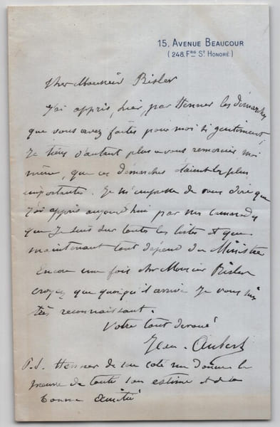 Jean Aubert - Lettre autographe sign&eacute;e &agrave; Risler - Mention de J. Henner - XIX&egrave;me. Jean Aubert