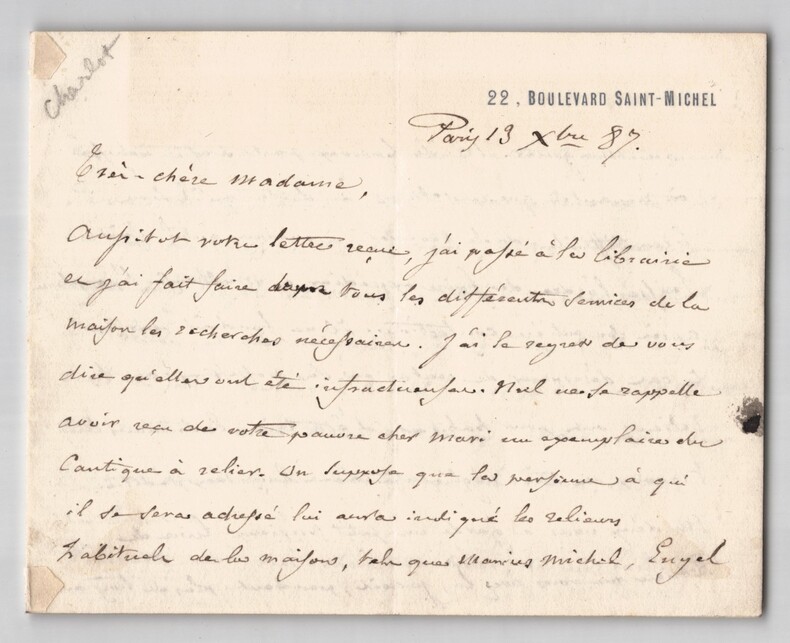 Alexandre Bida - Lettre autographe sign&eacute;e - Marius Michel, Engel, Magnier - 1887. Alexandre Bida