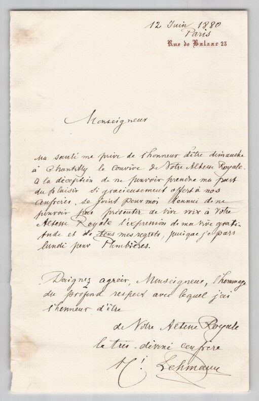 Henri Lehmann - Lettre autographe sign&eacute;e &agrave; Henri d'Orl&eacute;ans, duc d'Aumale - 1880. Henri Lehmann