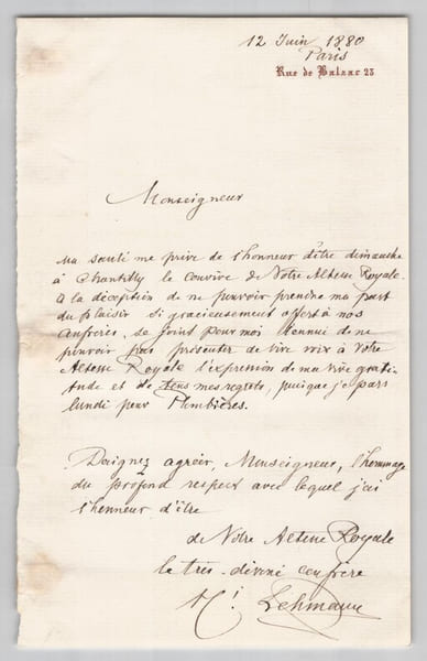 Henri Lehmann - Lettre autographe sign&eacute;e &agrave; Henri d'Orl&eacute;ans, duc d'Aumale - 1880. Henri Lehmann