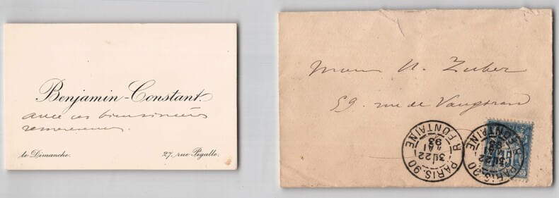 Benjamin-Constant - Carte de visite autographe & enveloppe &agrave; Henri Zuber - 1893. Benjamin-Constant