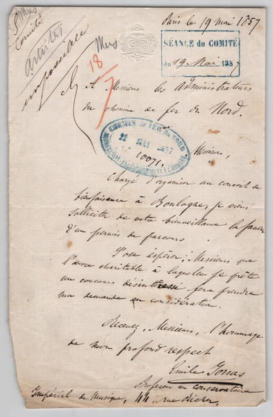 &Eacute;mile Jonas - Lettre autographe sign&eacute;e - Demande d'un permis de parcours - 1857. &Eacute;mile Jonas