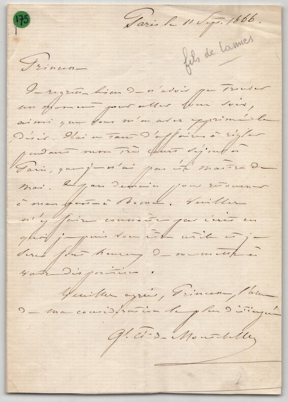 Gustave Olivier Lannes de Montebello - Lettre autographe sign&eacute;e - 1866. Gustave Olivier Lannes de Montebello