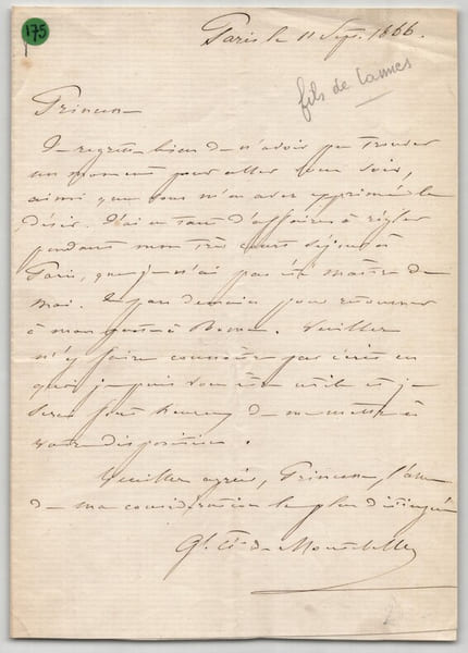 Gustave Olivier Lannes de Montebello - Lettre autographe sign&eacute;e - 1866. Gustave Olivier Lannes de Montebello