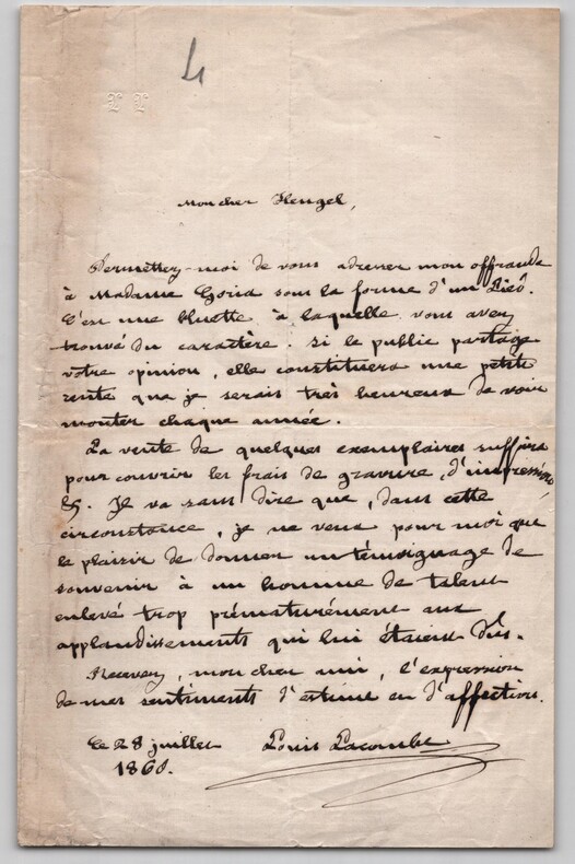 Lettre autographe sign&eacute;e - Louis Lacombe &agrave; Jacques-L&eacute;opold Heugel - 1860. Louis Lacombe
