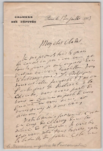 Lettre autographe sign&eacute;e - Clovis Hugues &agrave; son ami L&eacute;on Cladel - 1883. Clovis Hugues