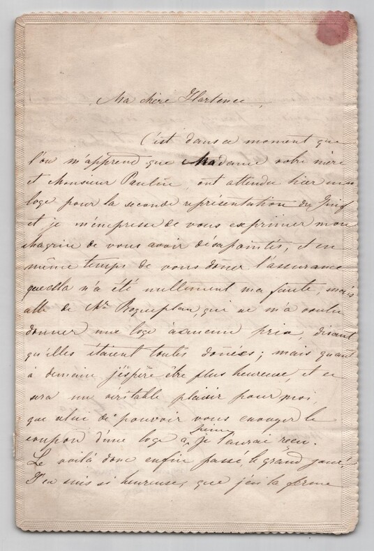 Eug&eacute;nie La Grua - Lettre autographe sign&eacute;e, 1&egrave;re repr&eacute;sentation &agrave; l'op&eacute;ra - 1852. Eug&eacute;nie La Grua