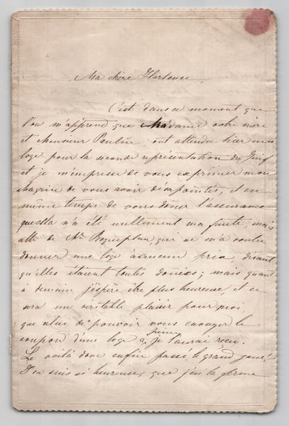 Eug&eacute;nie La Grua - Lettre autographe sign&eacute;e, 1&egrave;re repr&eacute;sentation &agrave; l'op&eacute;ra - 1852. Eug&eacute;nie La Grua