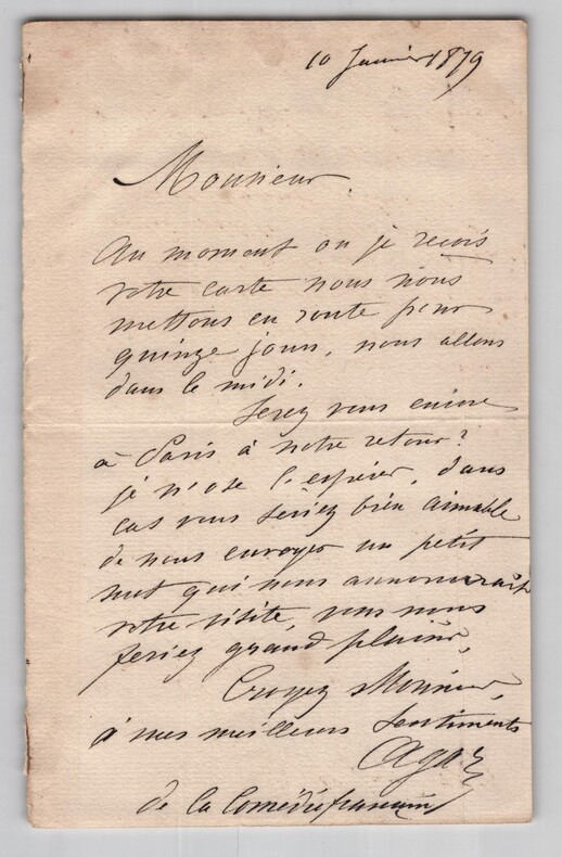 Agar, actrice - Lettre autographe sign&eacute;e - Com&eacute;die Fran&ccedil;aise - 1879. Agar (Marie-L&eacute;onide Charvin)