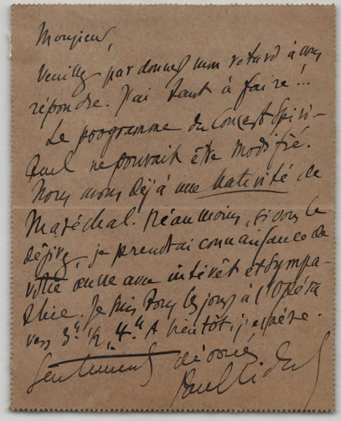 Paul Vidal - Lettre autographe sign&eacute;e au compositeur Paul Coutin - 1896. Paul Vidal
