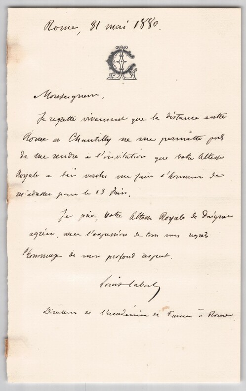 Louis-Nicolas Cabat - Lettre autographe sign&eacute;e &agrave; Henri d'Orl&eacute;ans - 1880. Louis-Nicolas Cabat