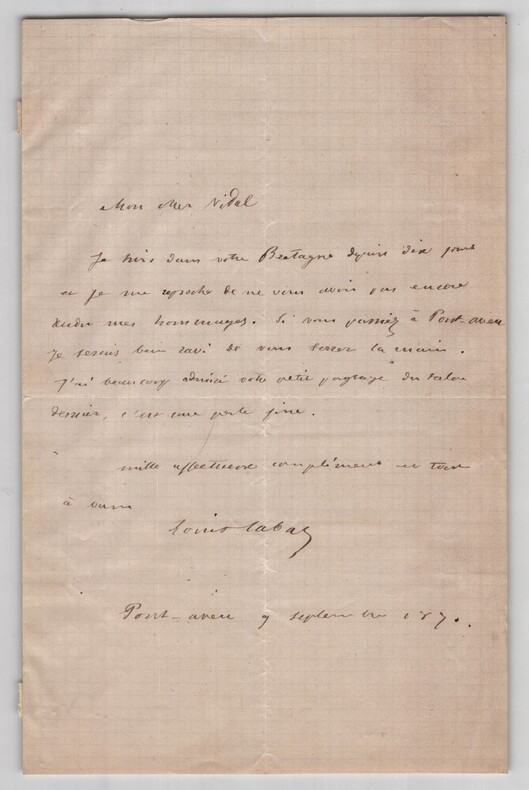Louis-Nicolas Cabat - Lettre autographe sign&eacute;e - Pont-Aven - 1870. Louis-Nicolas Cabat