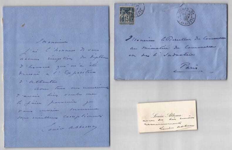 Louise Abbema - Lot lettre, enveloppe & carte de visite autographes sign&eacute;es - 1896. Louise Abbema