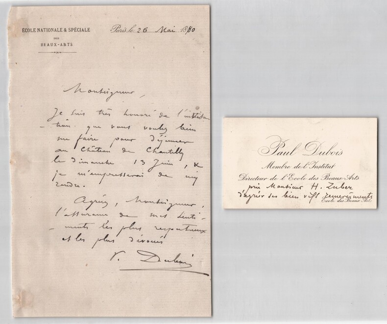 Paul Dubois, Lettre & carte de visite autographes sign&eacute;es - Henri d'Orl&eacute;ans 1880. Paul Dubois
