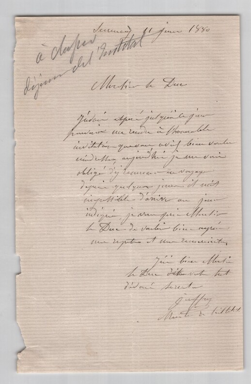 Fran&ccedil;ois Jouffroy - Lettre autographe sign&eacute;e - D&eacute;jeuner de l'Institut - 1880. Fran&ccedil;ois Jouffroy