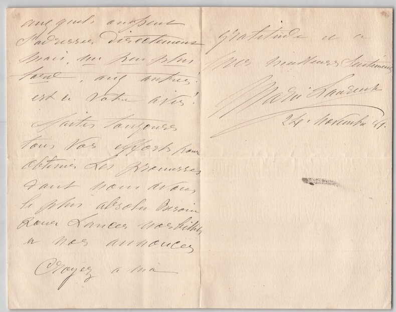 Marie Laurent, Lettre autographe sign&eacute;e - Œuvre de bienfaisance th&eacute;&acirc;trale - 1881. Marie Laurent
