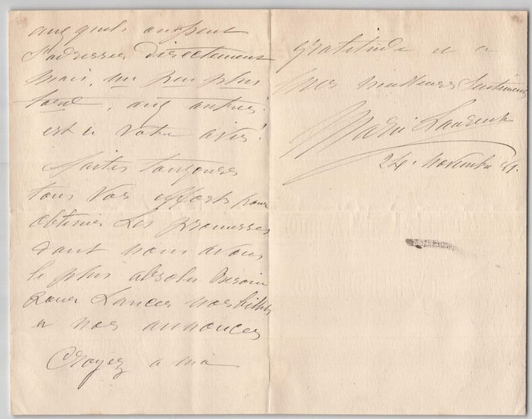 Marie Laurent, Lettre autographe sign&eacute;e - Œuvre de bienfaisance th&eacute;&acirc;trale - 1881. Marie Laurent