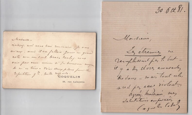Coquelin a&icirc;n&eacute; & cadet - Lettre et carte autographes sign&eacute;es - Com&eacute;die-Fran&ccedil;aise. Coquelin a&icirc;n&eacute; & Coquelin cadet